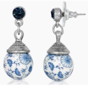 1928 Silver and Blue Willow Round Beaded Drop Post Earrings
